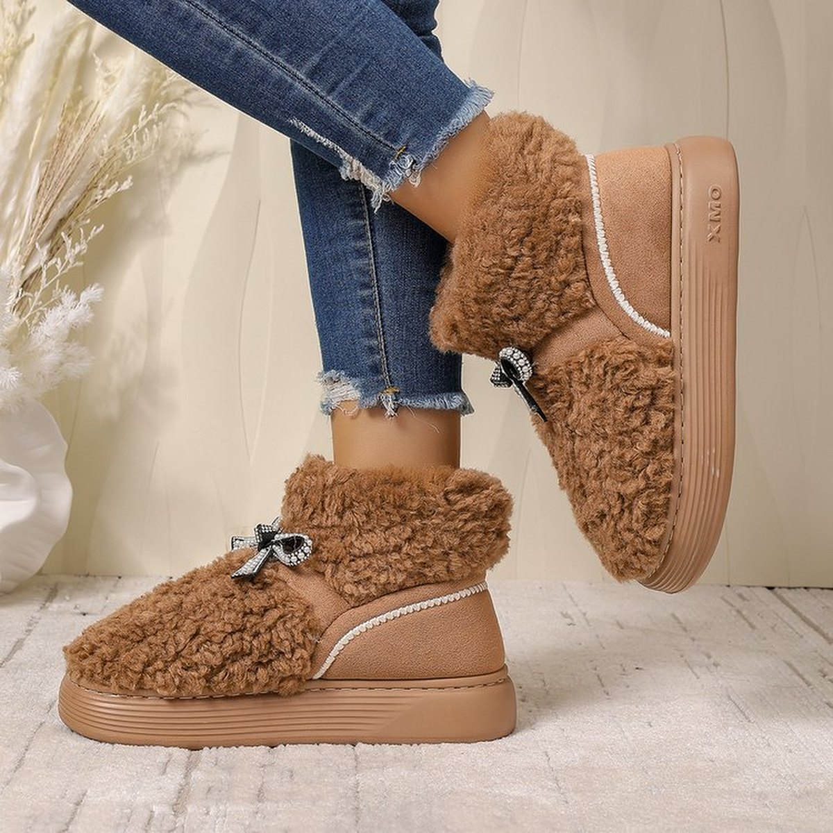 Women's Bow Platform Cotton Slippers Outdoor Heightincreasing Fleecelined