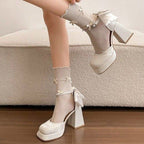 Women's Bow Rhinestone Tassel Platform Block Heel Pumps