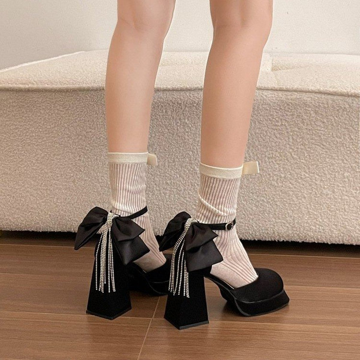 Women's Bow Rhinestone Tassel Platform Block Heel Pumps