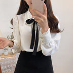 Women's Bowknot College Shirt White Chiffon