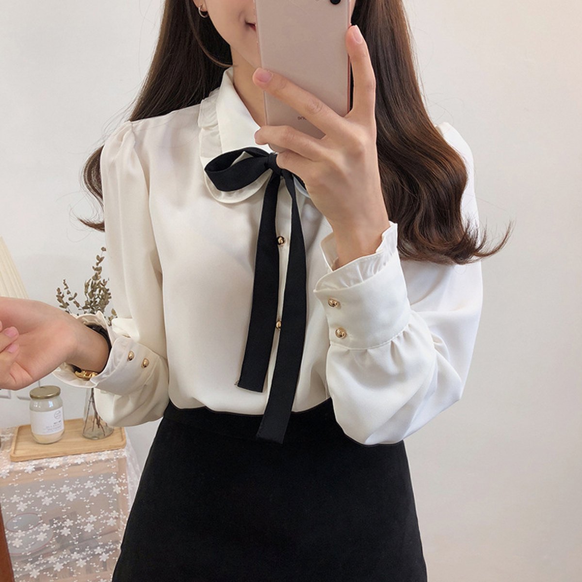 Women's Bowknot College Shirt White Chiffon