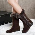 Women's Brown Casual Warm Fur Mid-calf Boots Shoes