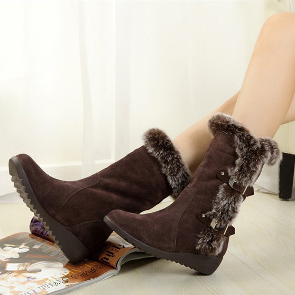 Women's Brown Casual Warm Fur Mid-calf Boots Shoes