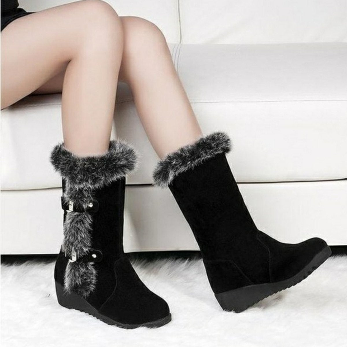 Women's Brown Casual Warm Fur Mid-calf Boots Shoes