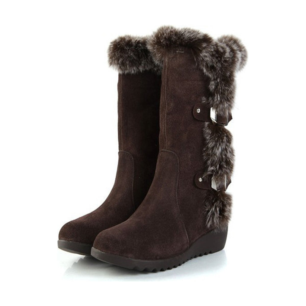 Women's Brown Casual Warm Fur Mid-calf Boots Shoes