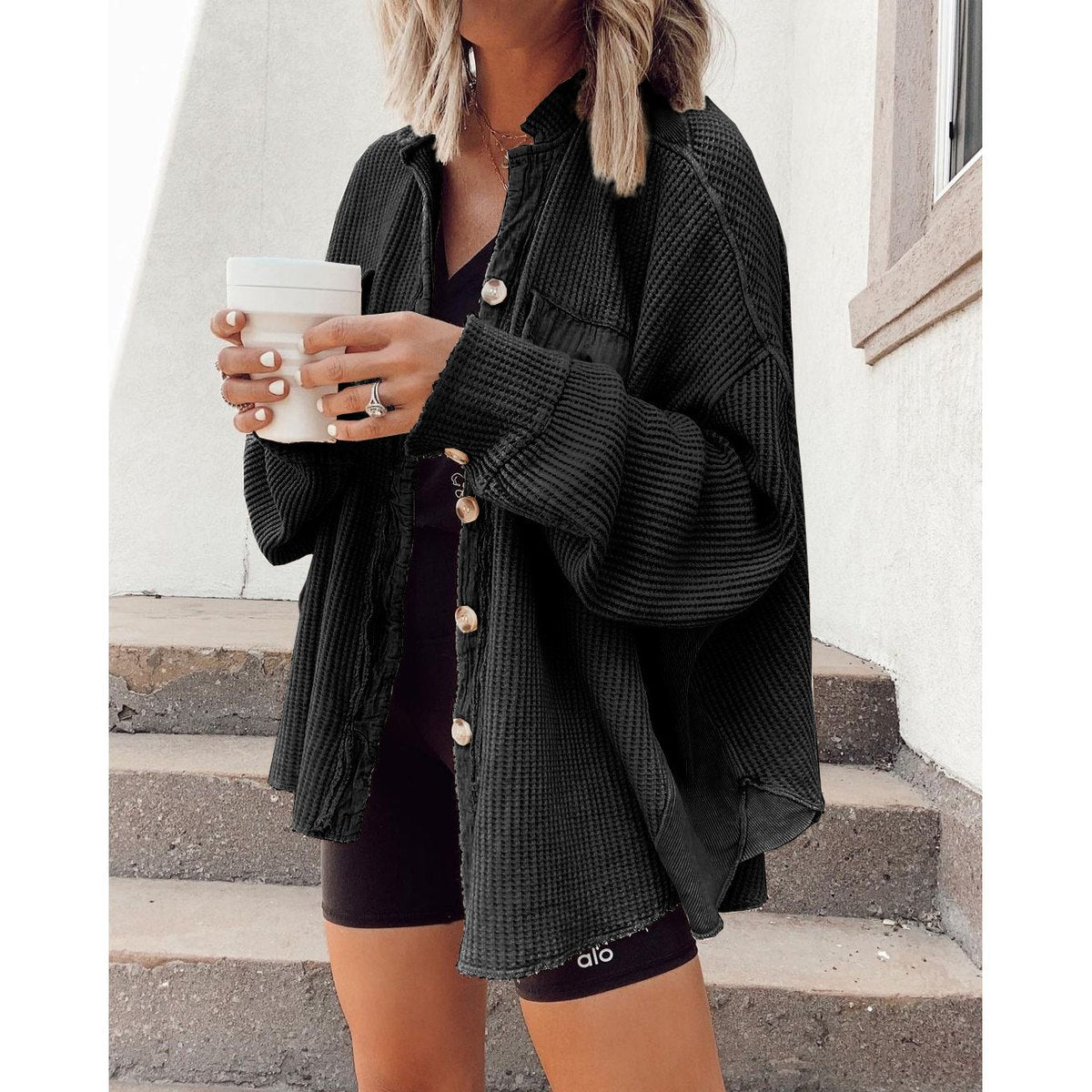 Women's Button Shirt Jacket Lapel Long Sleeve Blouse
