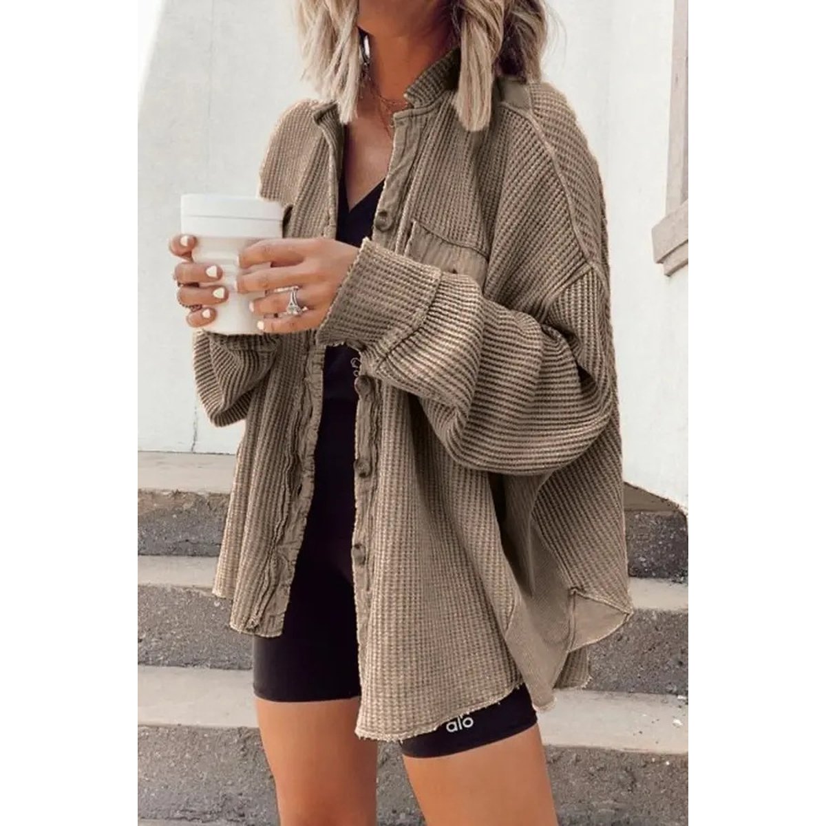 Women's Button Shirt Jacket Lapel Long Sleeve Blouse