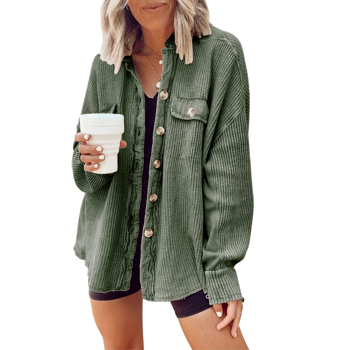 Women's Button Shirt Jacket Lapel Long Sleeve Blouse