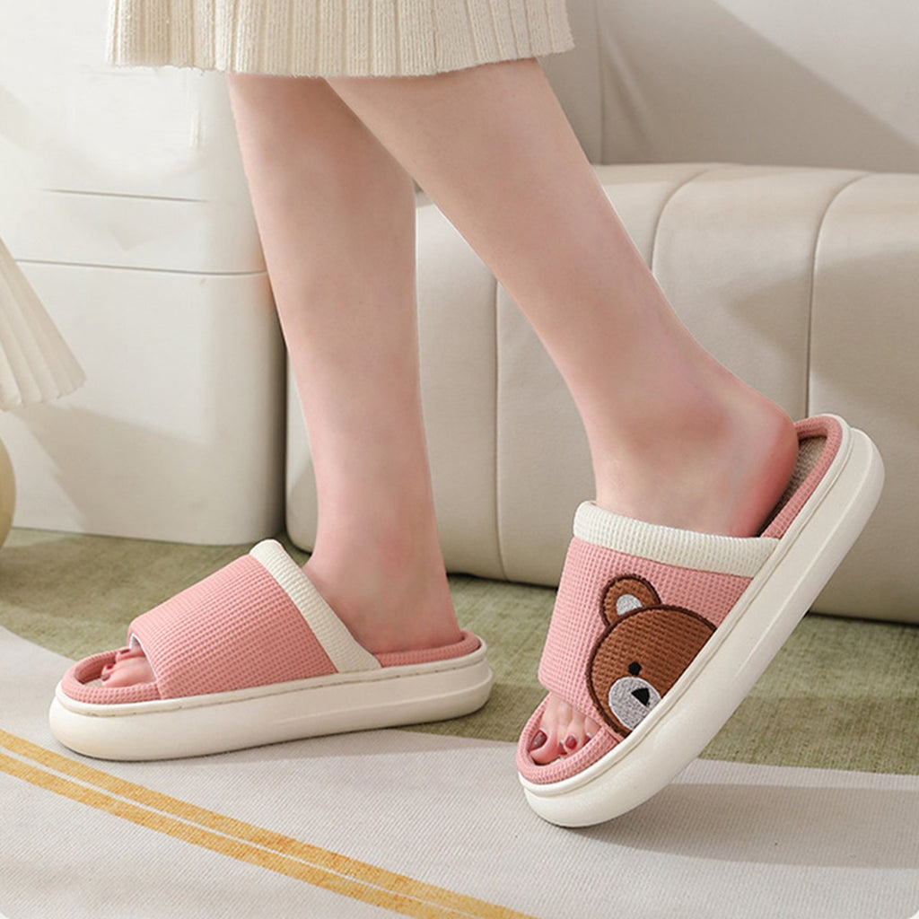 Women's Cartoon Bear Linen Slippers Indoor Non-slip Sweat-absorbent