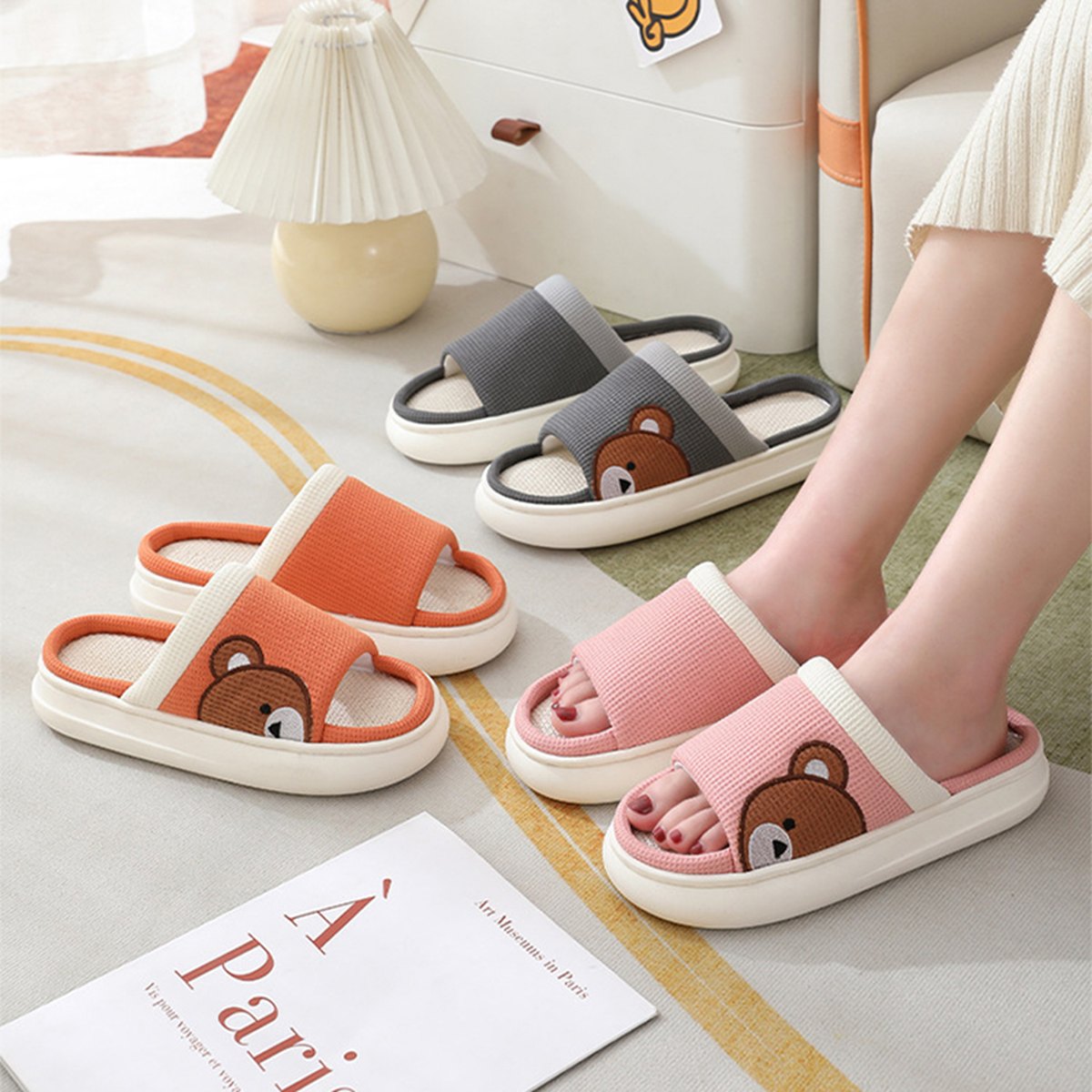 Women's Cartoon Bear Linen Slippers Indoor Non-slip Sweat-absorbent