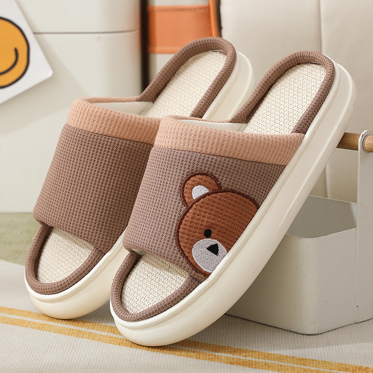 Women's Cartoon Bear Linen Slippers Indoor Non-slip Sweat-absorbent
