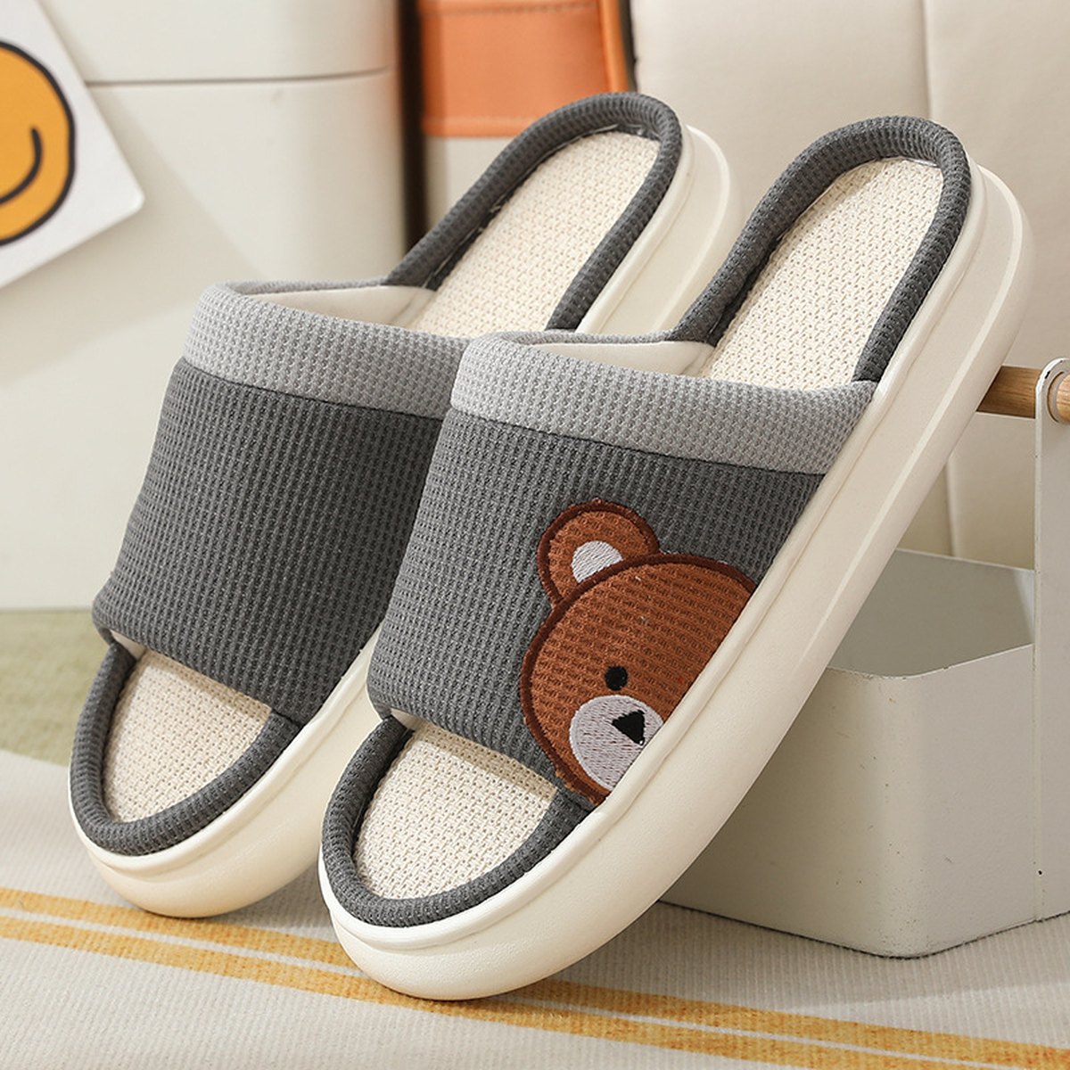 Women's Cartoon Bear Linen Slippers Indoor Non-slip Sweat-absorbent