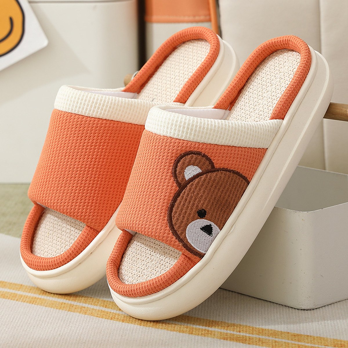Women's Cartoon Bear Linen Slippers Indoor Non-slip Sweat-absorbent