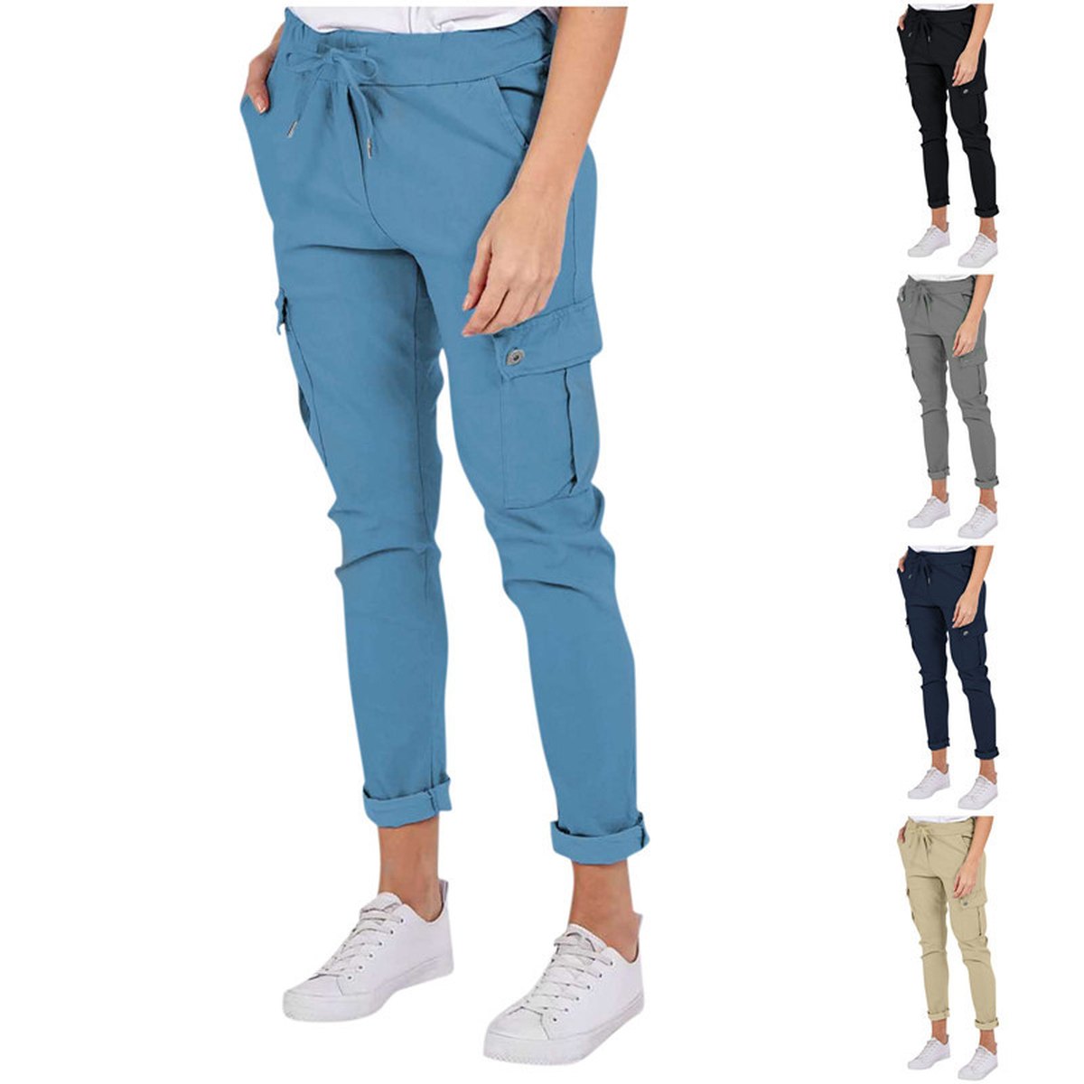 Women's Casual Cargo Pants Pockets Solid Color Drawstring