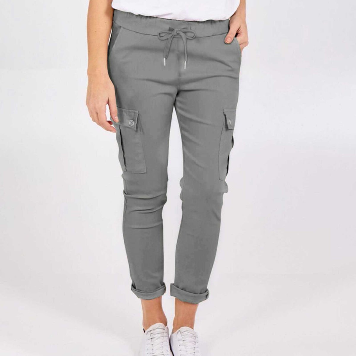 Women's Casual Cargo Pants Pockets Solid Color Drawstring