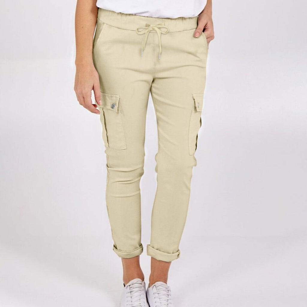 Women's Casual Cargo Pants Pockets Solid Color Drawstring