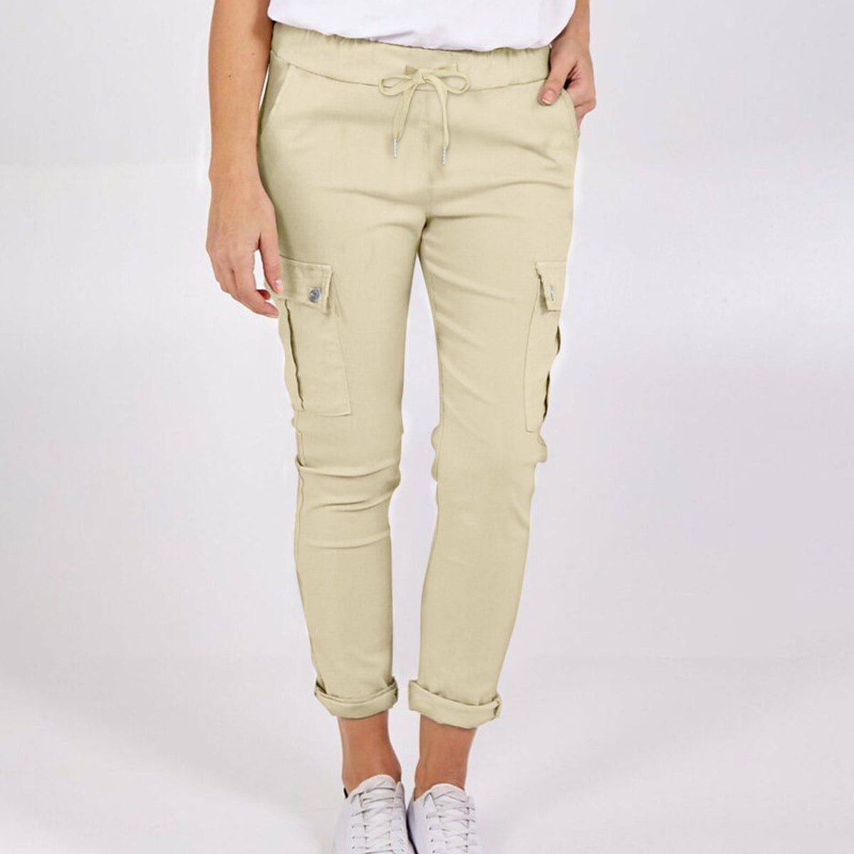 Women's Casual Cargo Pants Pockets Solid Color Drawstring