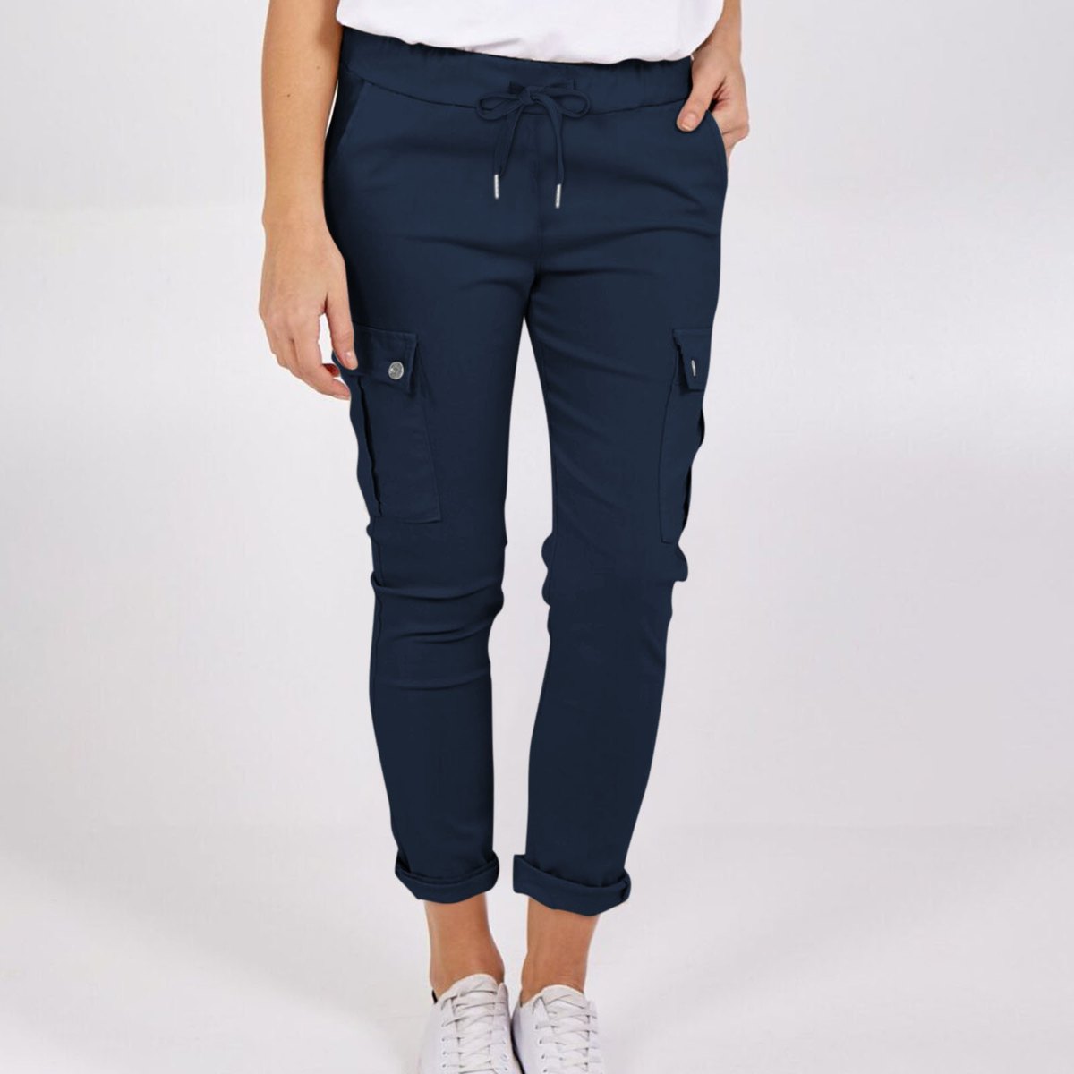 Women's Casual Cargo Pants Pockets Solid Color Drawstring