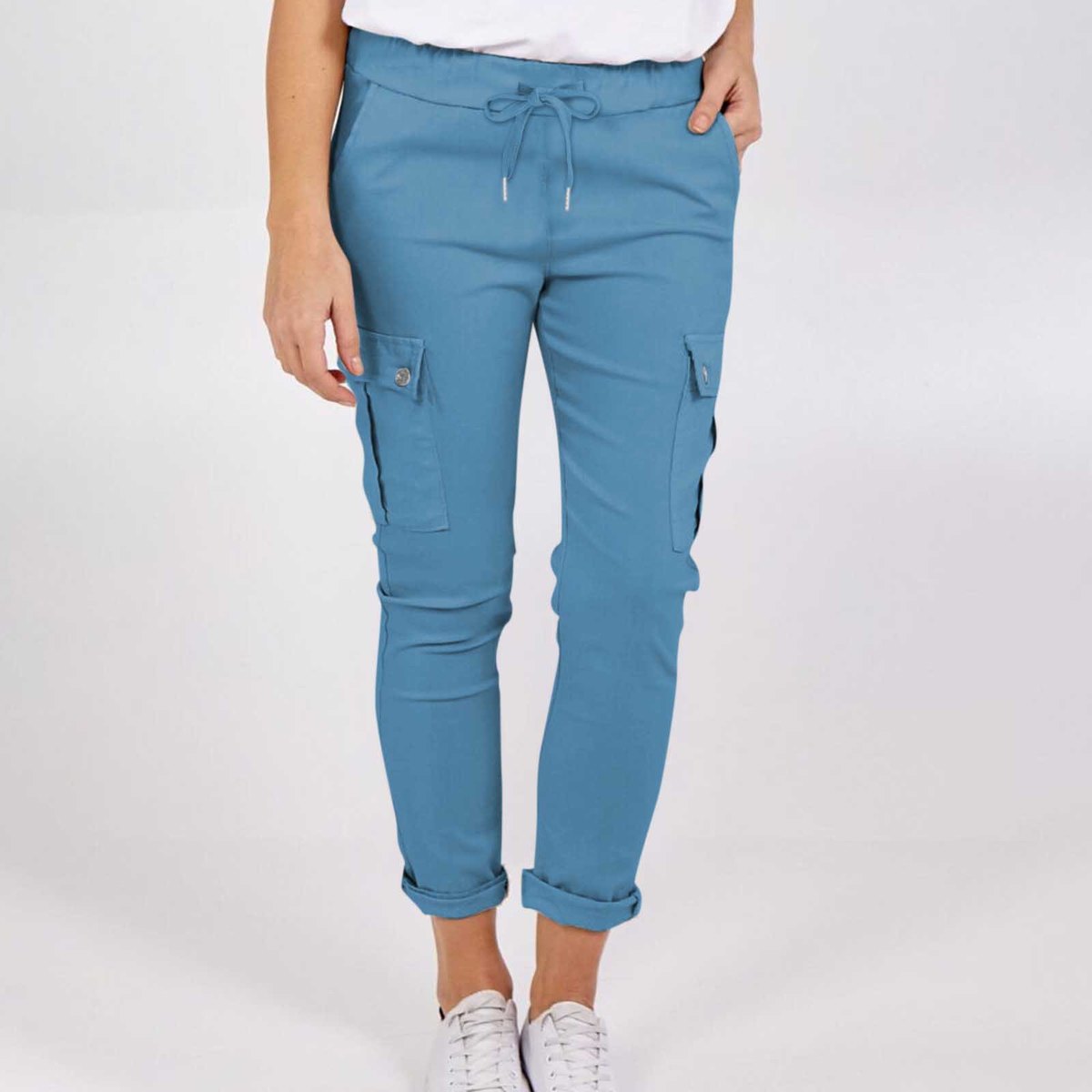 Women's Casual Cargo Pants Pockets Solid Color Drawstring