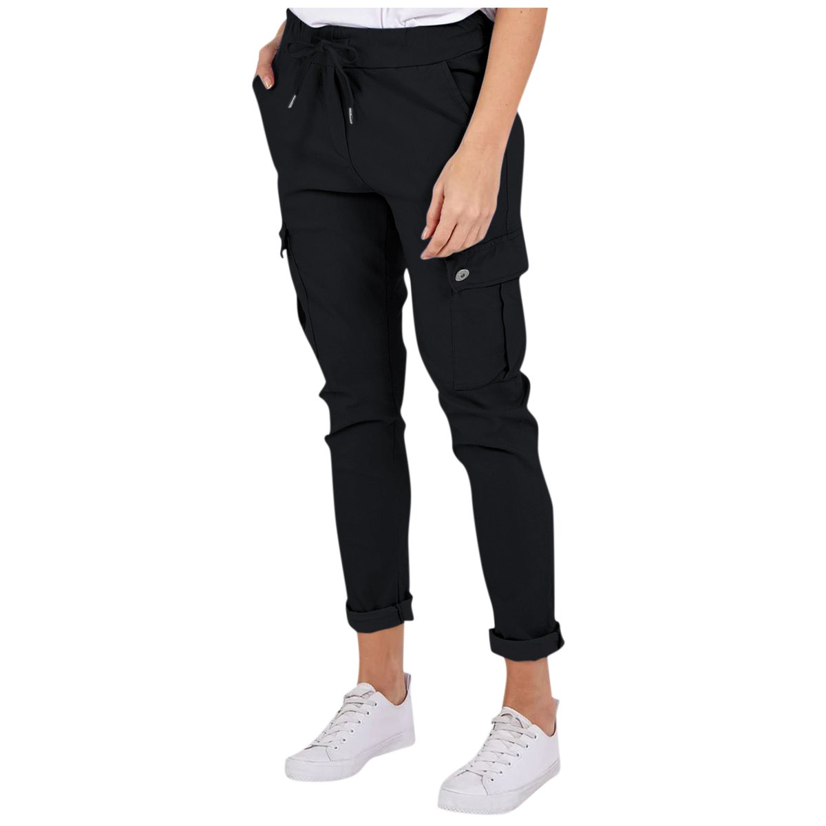 Women's Casual Cargo Pants Pockets Solid Color Drawstring