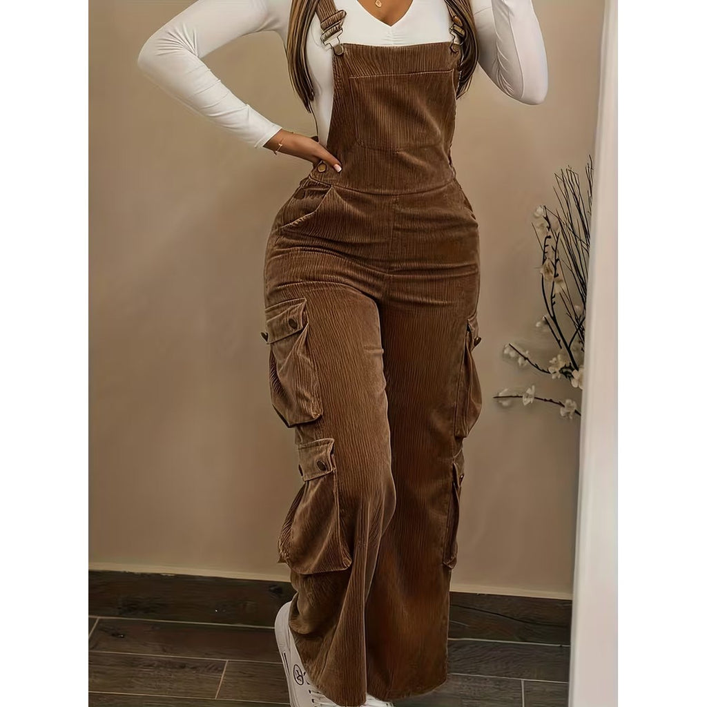 Women's Casual Multi Pocket Corduroy Overalls Jumpsuits Straight