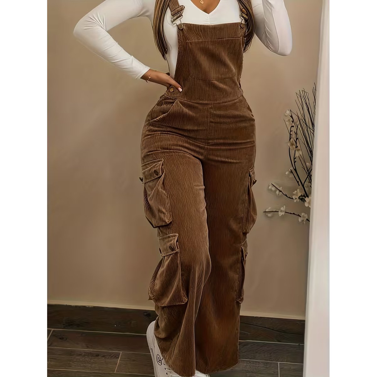 Women's Casual Multi Pocket Corduroy Overalls Jumpsuits Straight