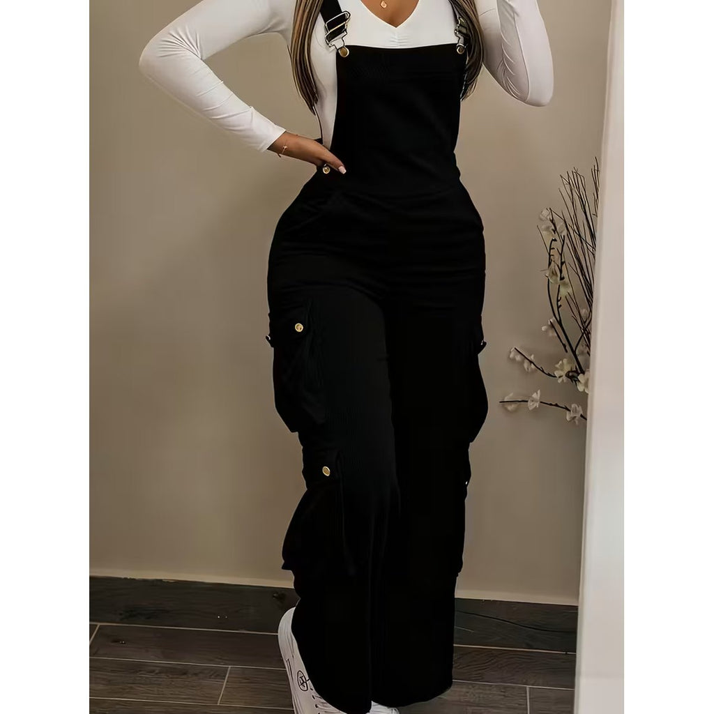 Women's Casual Multi Pocket Corduroy Overalls Jumpsuits Straight
