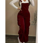 Women's Casual Multi Pocket Corduroy Overalls Jumpsuits Straight
