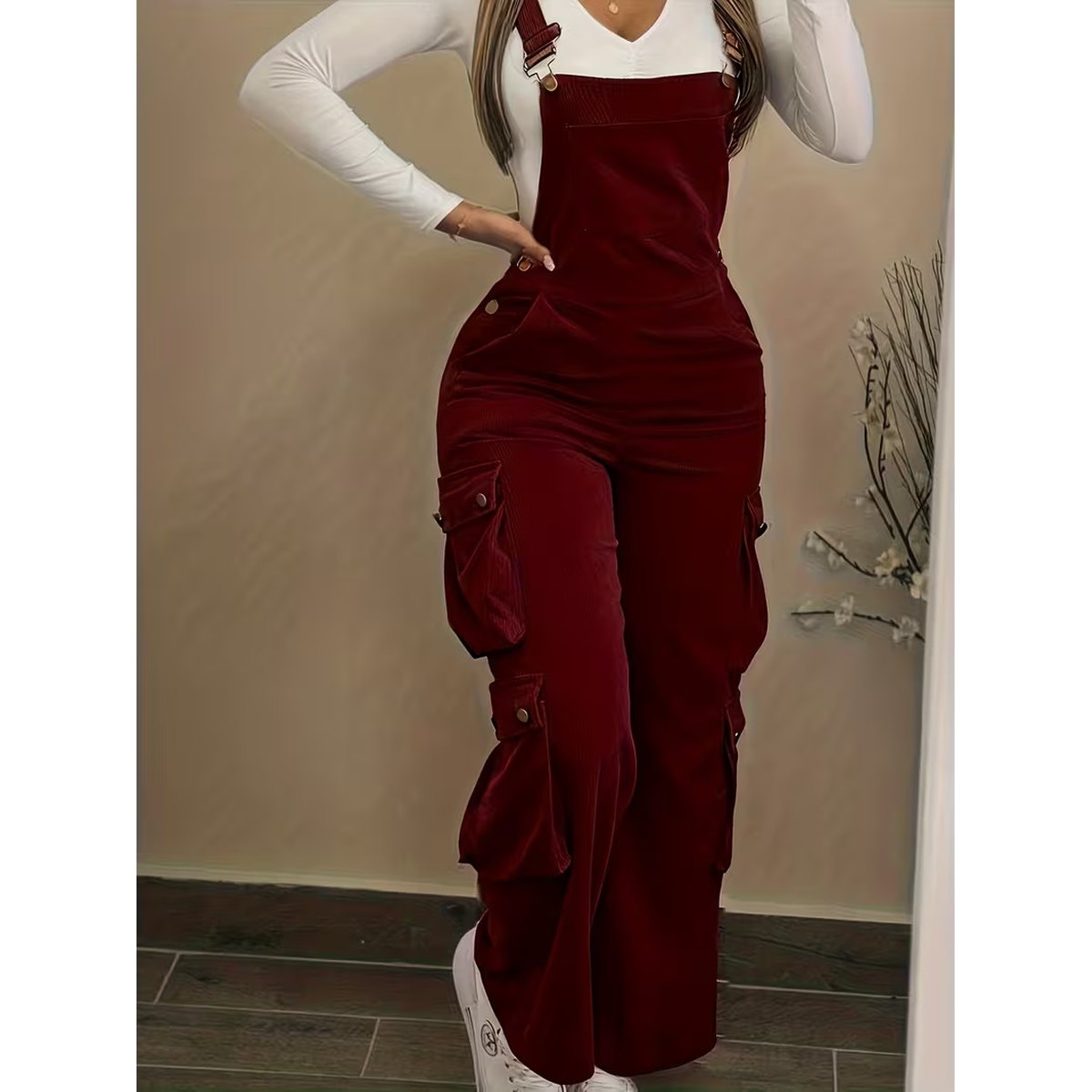 Women's Casual Multi Pocket Corduroy Overalls Jumpsuits Straight