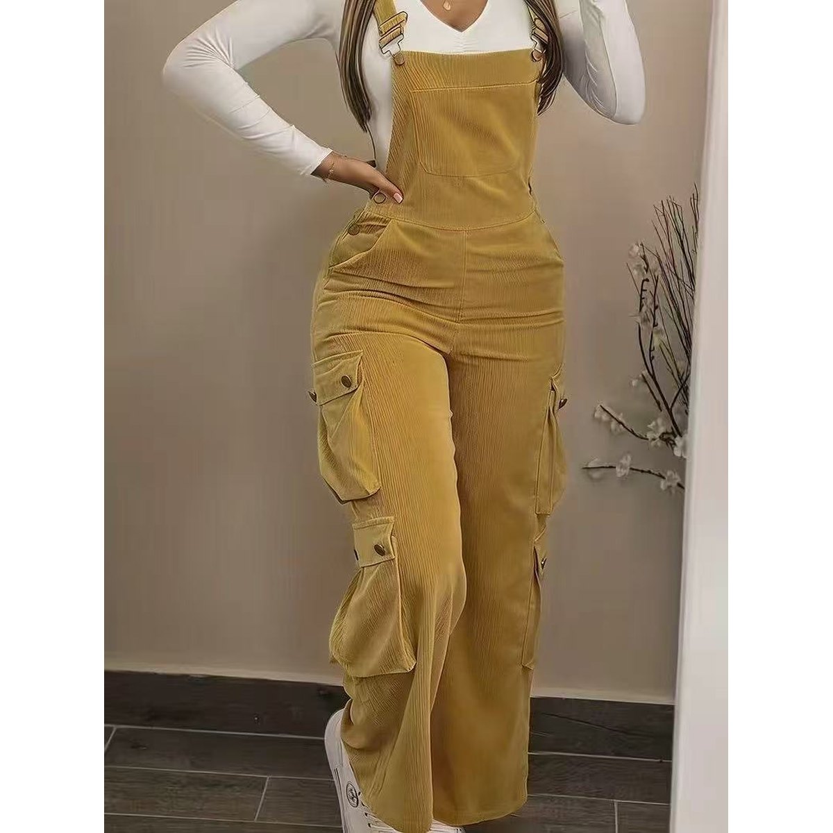 Women's Casual Multi Pocket Corduroy Overalls Jumpsuits Straight