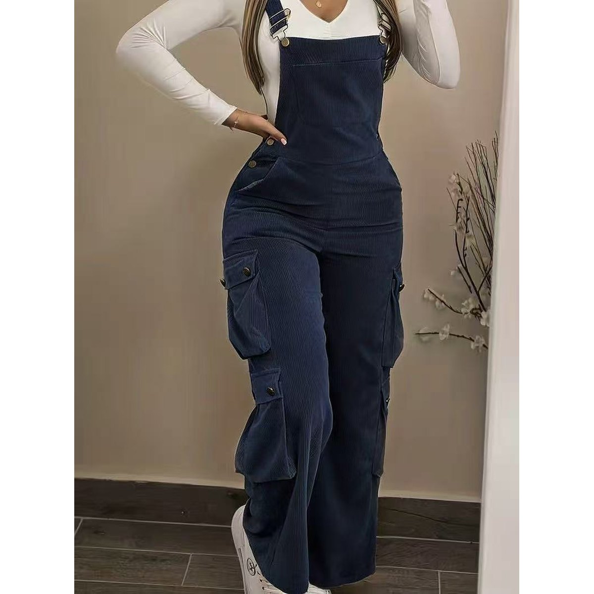 Women's Casual Multi Pocket Corduroy Overalls Jumpsuits Straight