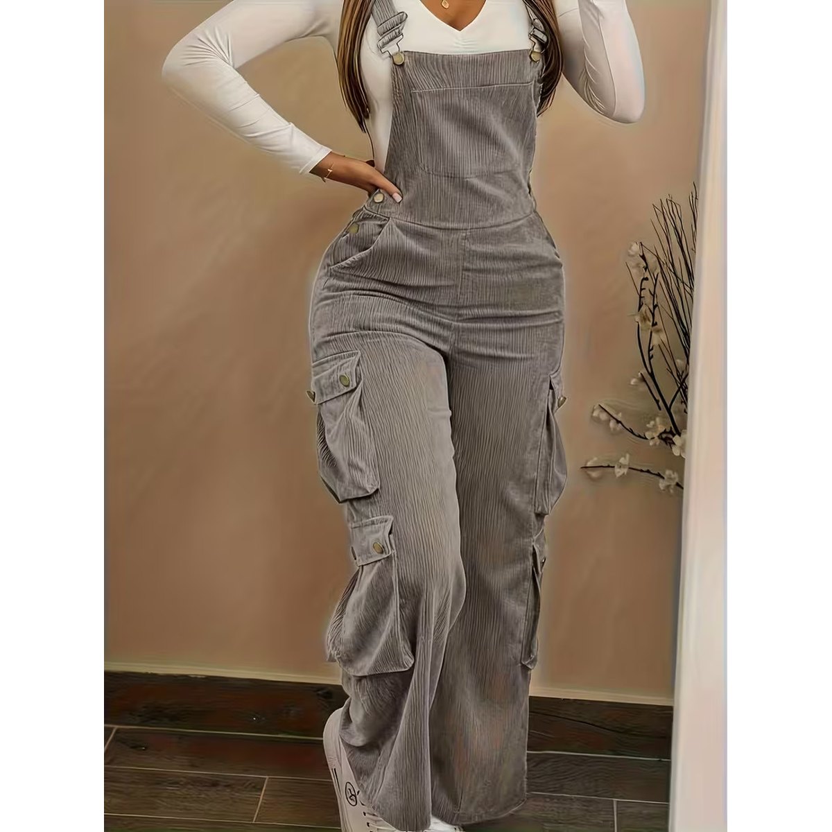 Women's Casual Multi Pocket Corduroy Overalls Jumpsuits Straight
