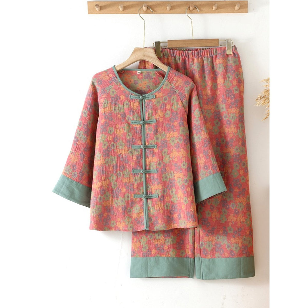 Women's Chinese Double Pure Cotton Gauze Pajamas Set