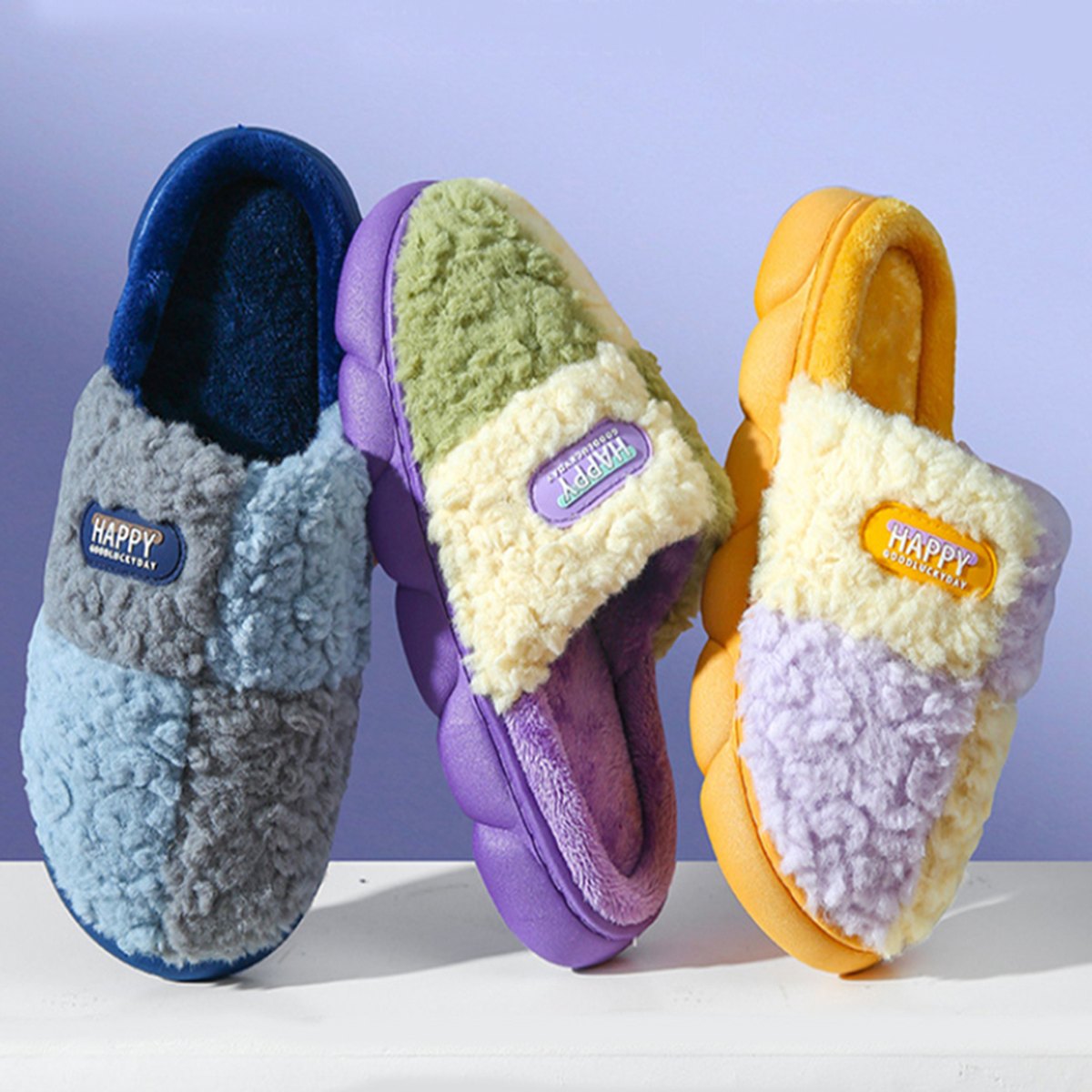 Women's Color-matching Home Slippers Eva Thick-soled Warm Plush