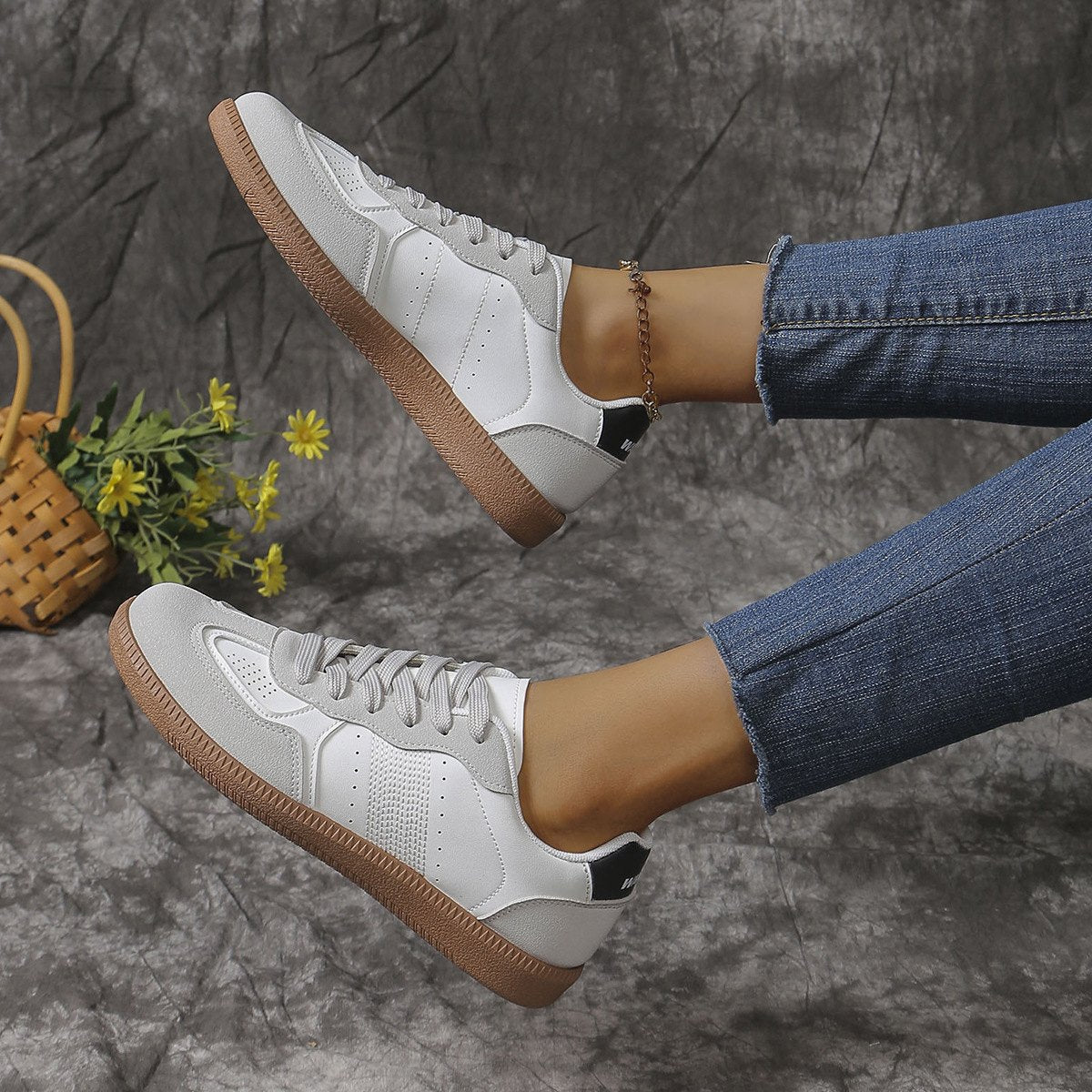 Women's Colorblock Lace-up Flats Shoes Breathable Hollow Slip