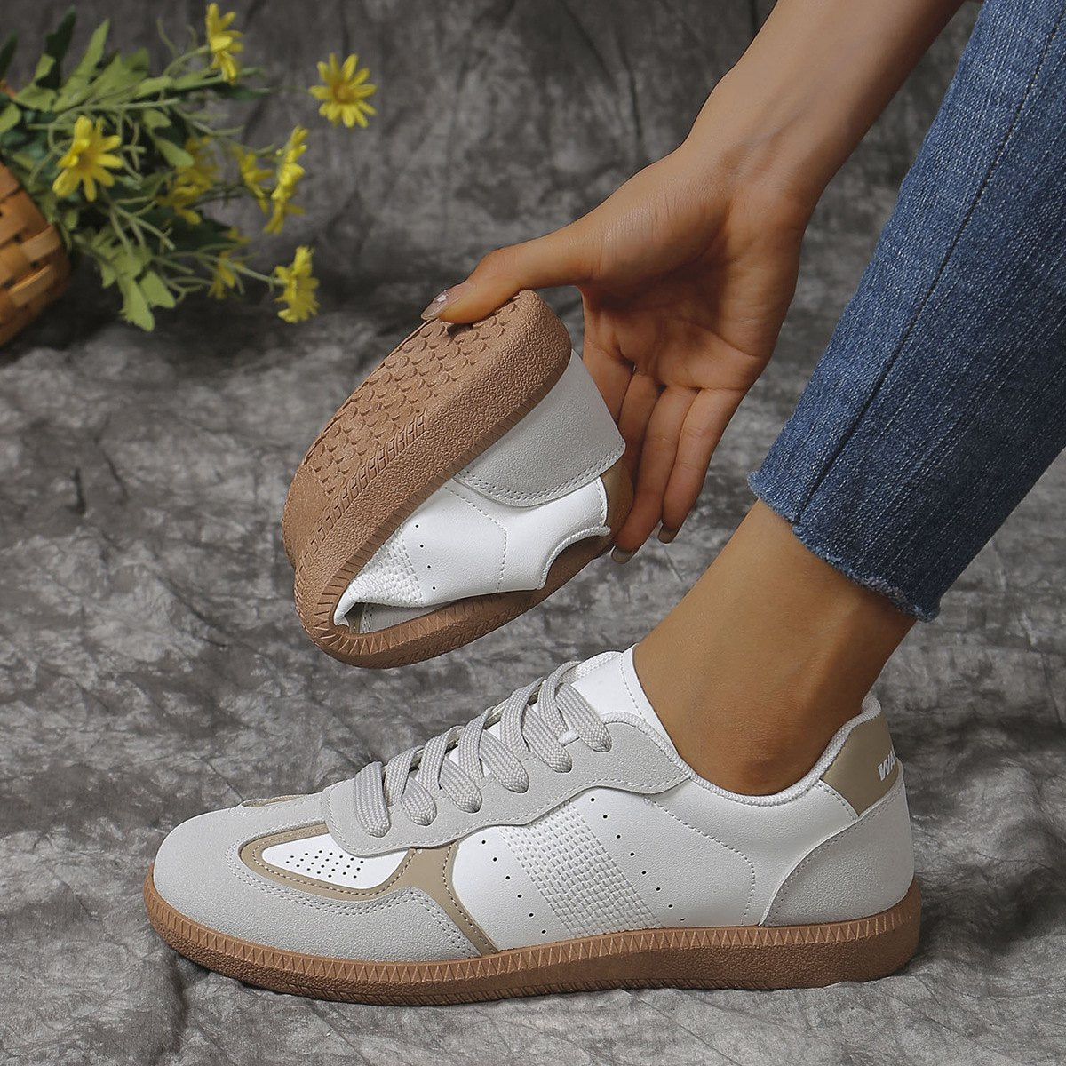 Women's Colorblock Lace-up Flats Shoes Breathable Hollow Slip