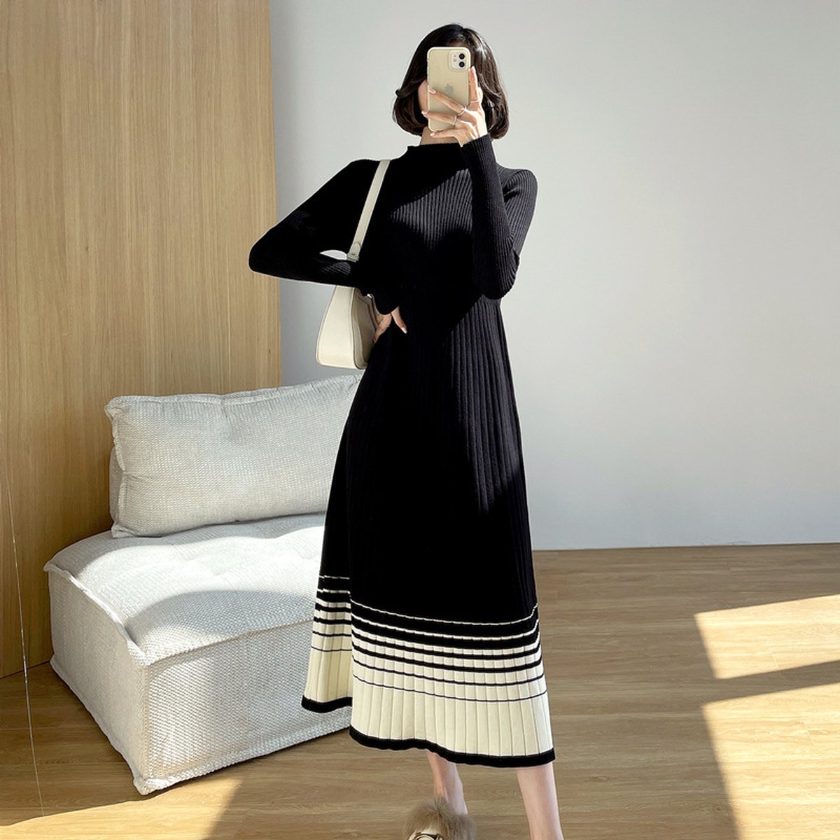 Women's Contrasting Color Stitching Inner Knit Dress