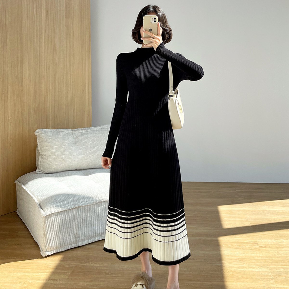 Women's Contrasting Color Stitching Inner Knit Dress