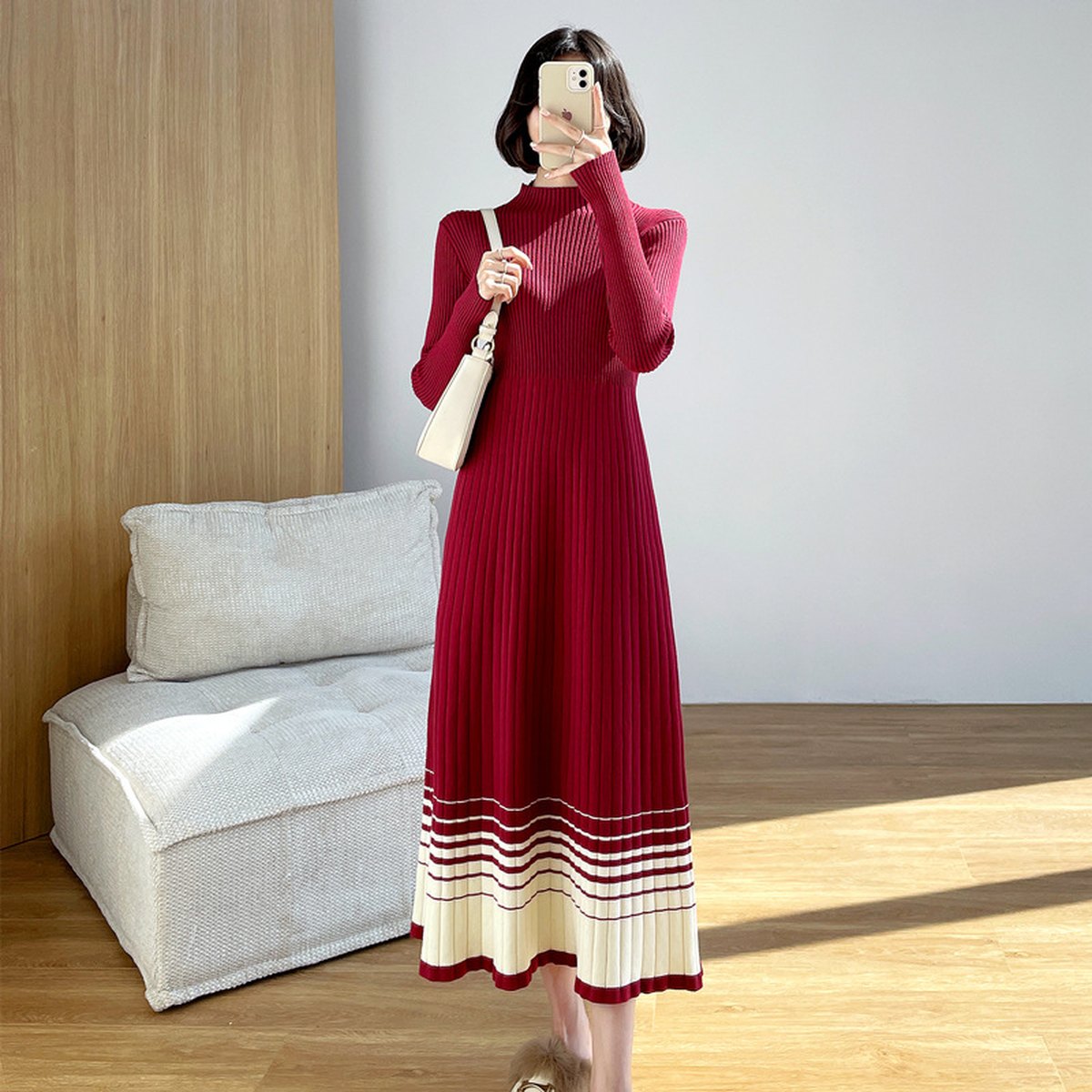 Women's Contrasting Color Stitching Inner Knit Dress