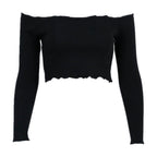 Women's Crop Top Off Shoulder Black Red Crochet