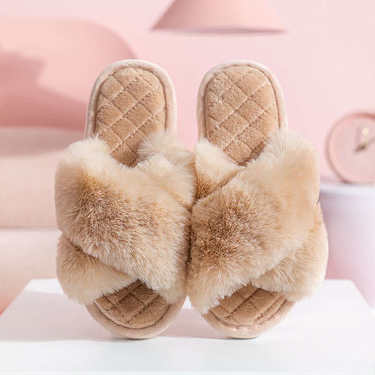 Women's Cross-strap Furry Slippers Warm House Shoes Casual
