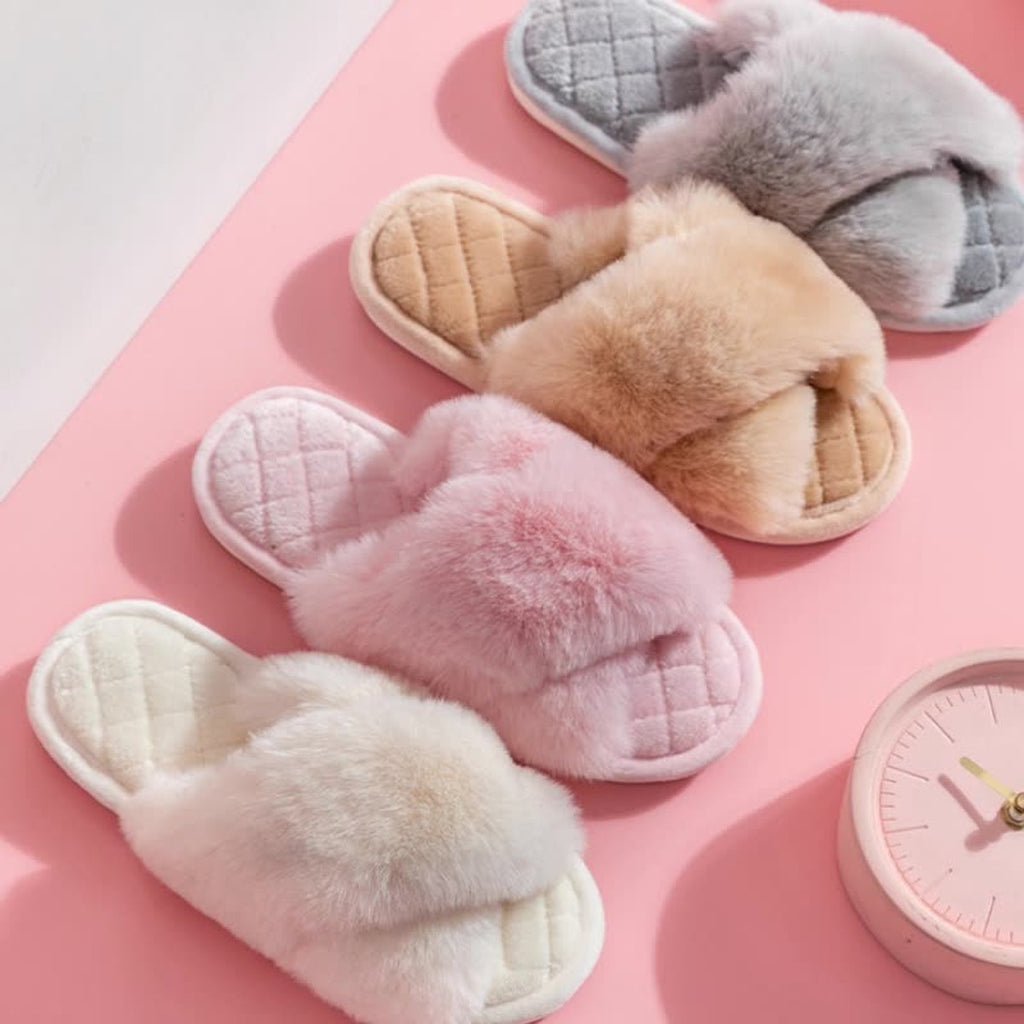 Women's Cross-strap Furry Slippers Warm House Shoes Casual