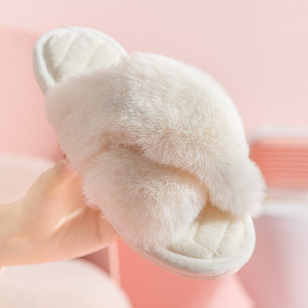Women's Cross-strap Furry Slippers Warm House Shoes Casual