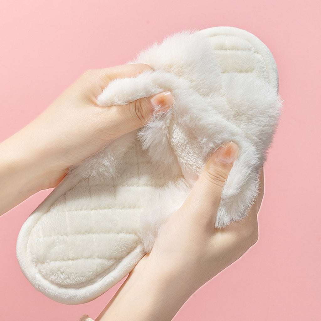 Women's Cross-strap Furry Slippers Warm House Shoes Casual