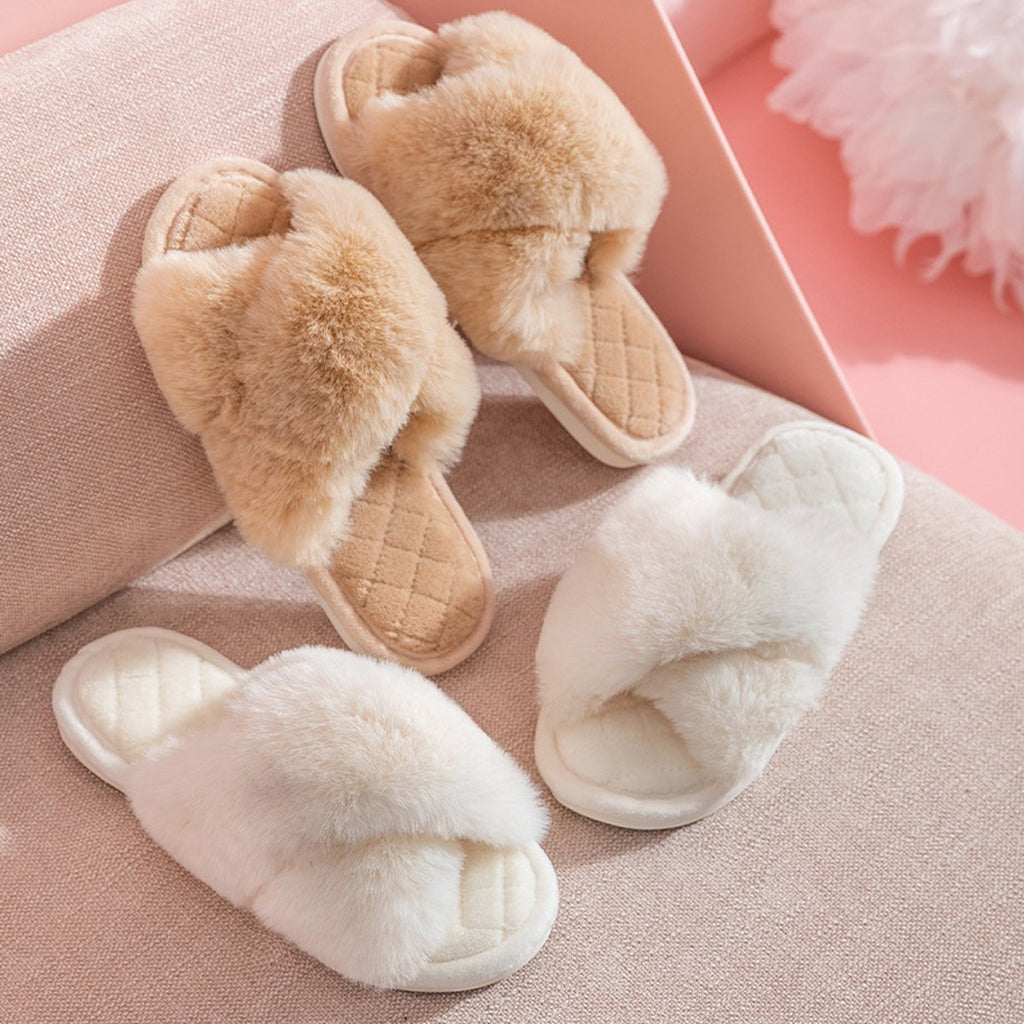 Women's Cross-strap Furry Slippers Warm House Shoes Casual