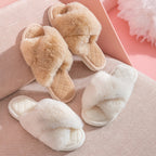 Women's Cross-strap Furry Slippers Warm House Shoes Casual