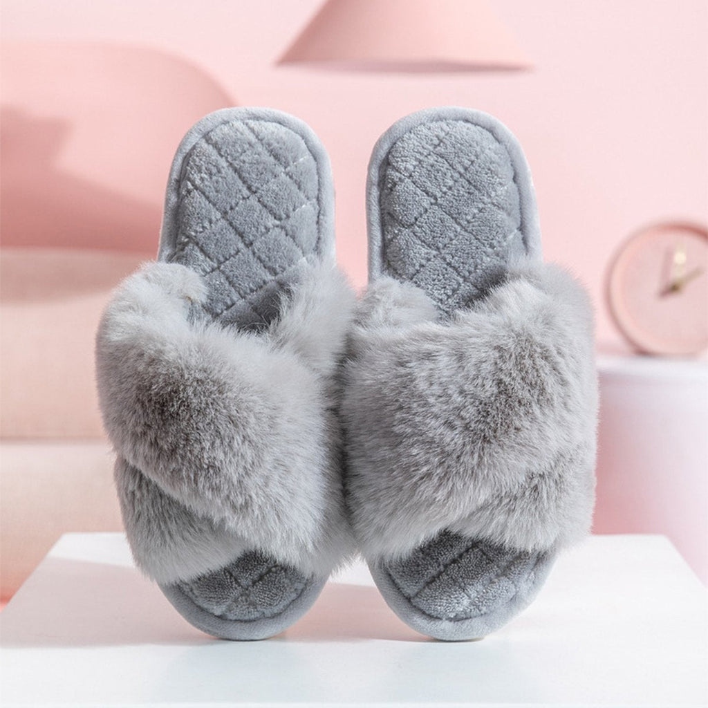 Women's Cross-strap Furry Slippers Warm House Shoes Casual