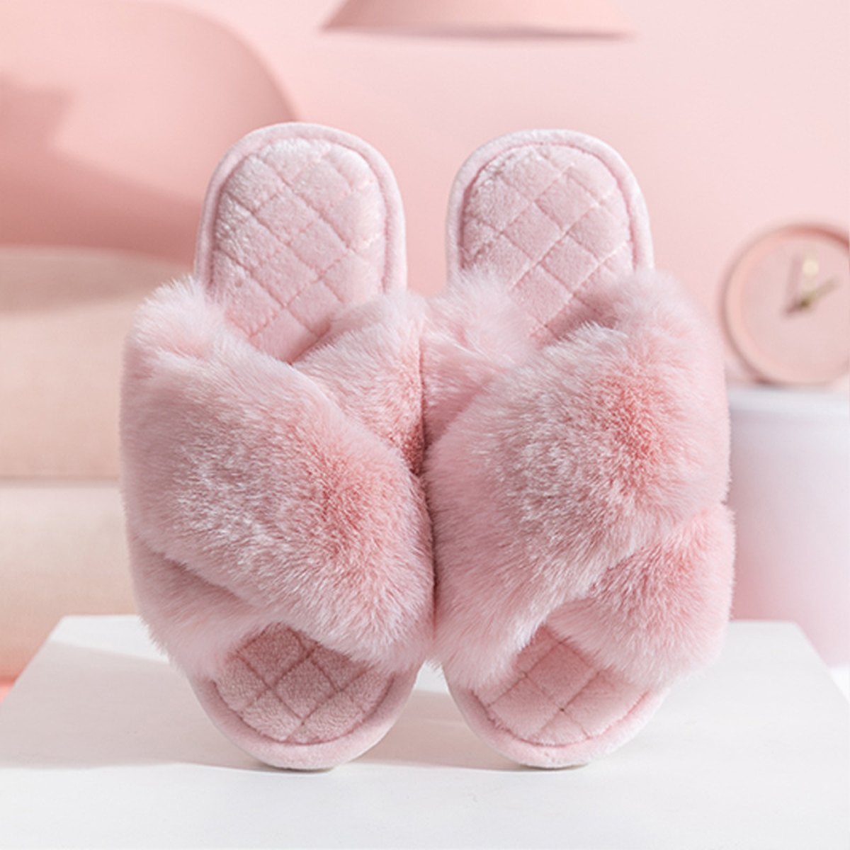 Women's Cross-strap Furry Slippers Warm House Shoes Casual