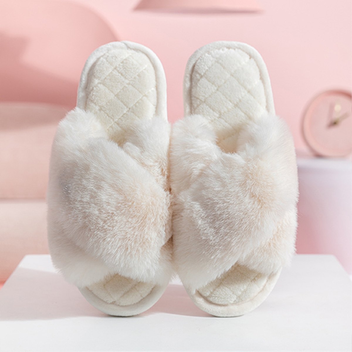 Women's Cross-strap Furry Slippers Warm House Shoes Casual