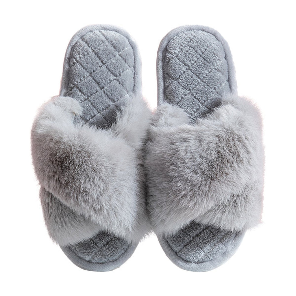 Women's Cross-strap Furry Slippers Warm House Shoes Casual